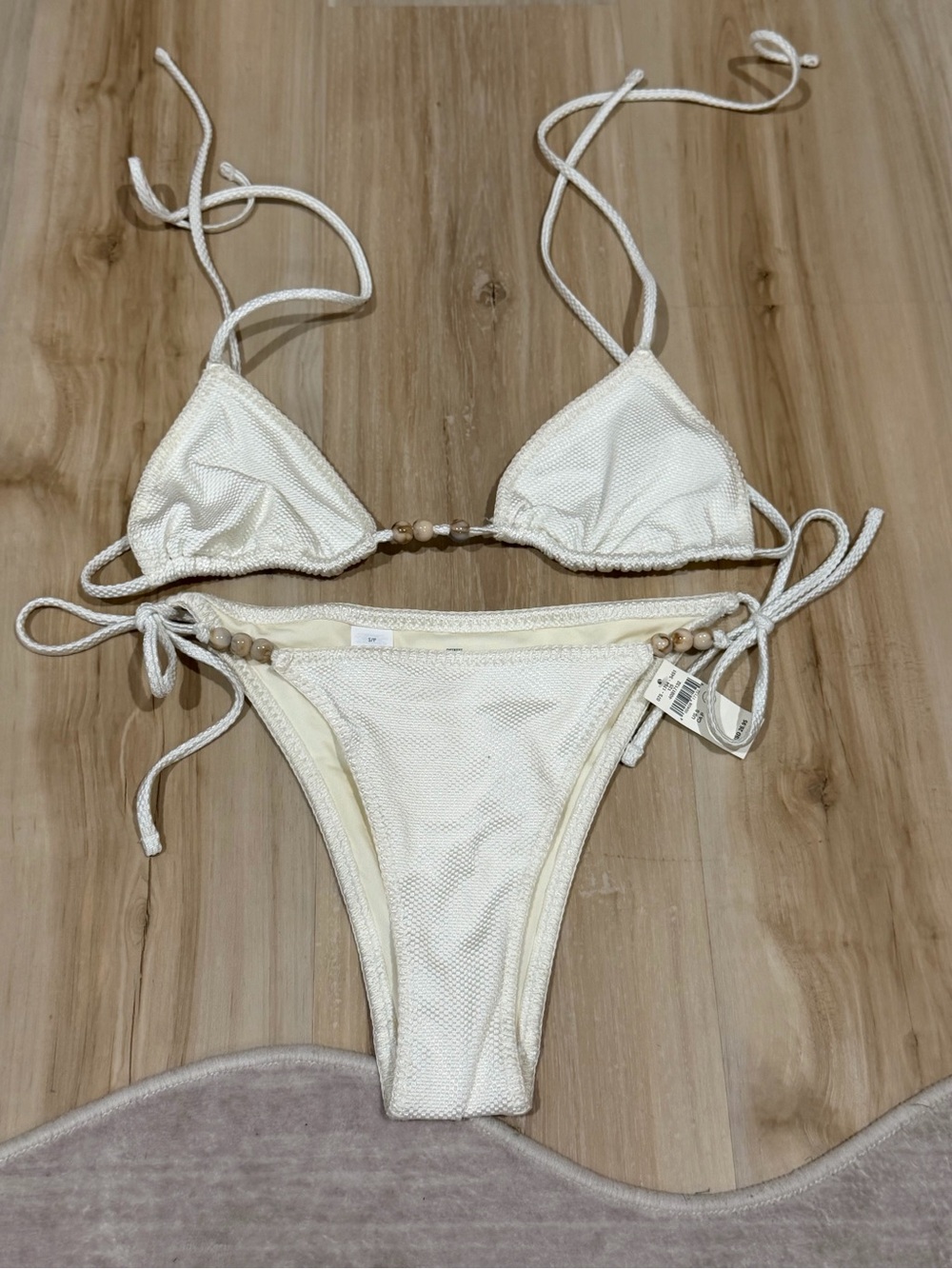 Women’s White Textured Triangle String Bikini with Bead Accents